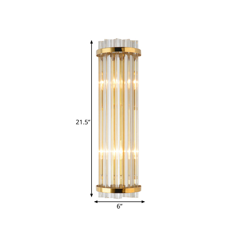 Clear Crystal Cylindrical Wall Lighting Modernism 2 Lights Gold Finish Wall Sconce Lamp for Living Room, 14"/21.5" W Clearhalo 'Modern wall lights' 'Modern' 'Wall Lamps & Sconces' 'Wall Lights' Lighting' 559859