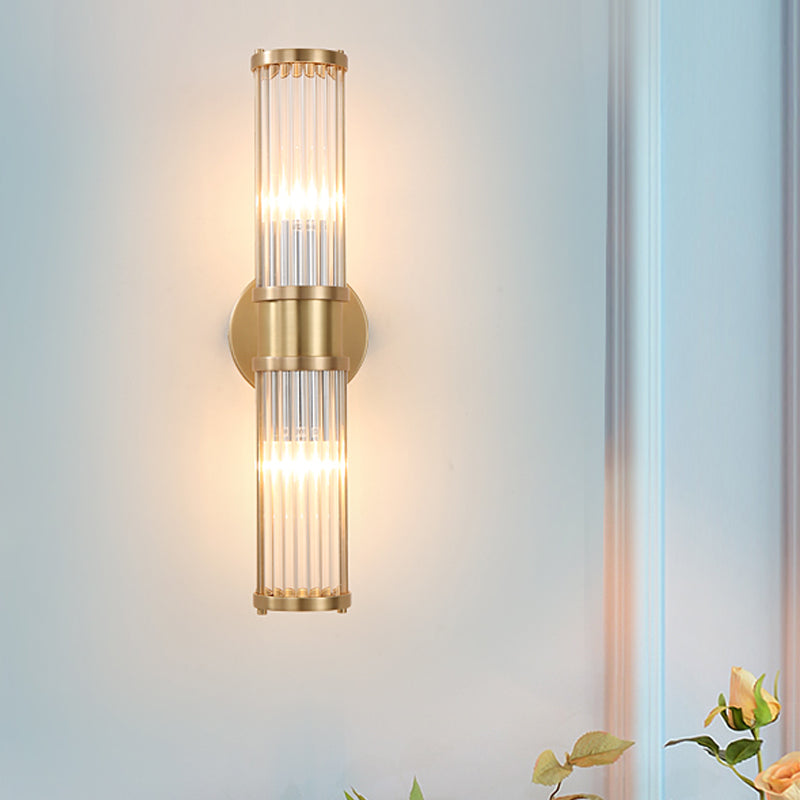 1/2-Light Corridor Wall Light Fixture Modernist Stylish Golden Wall Sconce with Cylindrical Clear Crystal Shade 2.0 Gold Clearhalo 'Art deco wall lights' 'Cast Iron' 'Glass' 'Industrial wall lights' 'Industrial' 'Middle century wall lights' 'Modern' 'Rustic wall lights' 'Tiffany' 'Traditional wall lights' 'Wall Lamps & Sconces' 'Wall Lights' Lighting' 559865