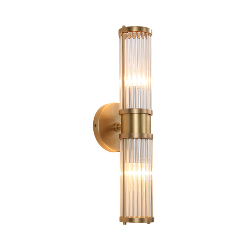 1/2-Light Corridor Wall Light Fixture Modernist Stylish Golden Wall Sconce with Cylindrical Clear Crystal Shade Clearhalo 'Art deco wall lights' 'Cast Iron' 'Glass' 'Industrial wall lights' 'Industrial' 'Middle century wall lights' 'Modern' 'Rustic wall lights' 'Tiffany' 'Traditional wall lights' 'Wall Lamps & Sconces' 'Wall Lights' Lighting' 559868
