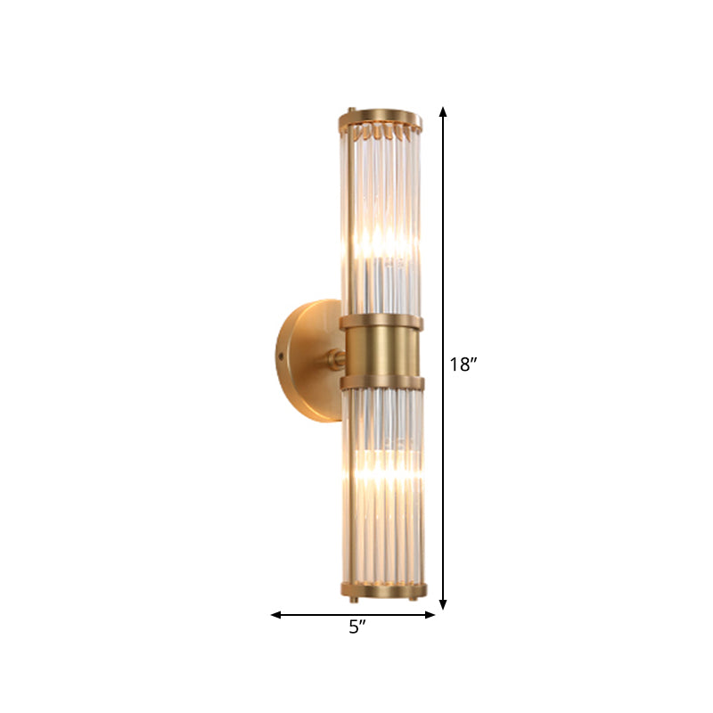 1/2-Light Corridor Wall Light Fixture Modernist Stylish Golden Wall Sconce with Cylindrical Clear Crystal Shade Clearhalo 'Art deco wall lights' 'Cast Iron' 'Glass' 'Industrial wall lights' 'Industrial' 'Middle century wall lights' 'Modern' 'Rustic wall lights' 'Tiffany' 'Traditional wall lights' 'Wall Lamps & Sconces' 'Wall Lights' Lighting' 559869