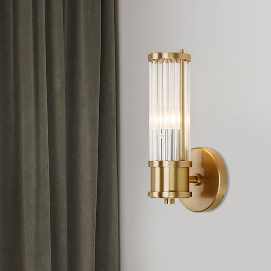 1/2-Light Corridor Wall Light Fixture Modernist Stylish Golden Wall Sconce with Cylindrical Clear Crystal Shade 1.0 Gold Clearhalo 'Art deco wall lights' 'Cast Iron' 'Glass' 'Industrial wall lights' 'Industrial' 'Middle century wall lights' 'Modern' 'Rustic wall lights' 'Tiffany' 'Traditional wall lights' 'Wall Lamps & Sconces' 'Wall Lights' Lighting' 559870