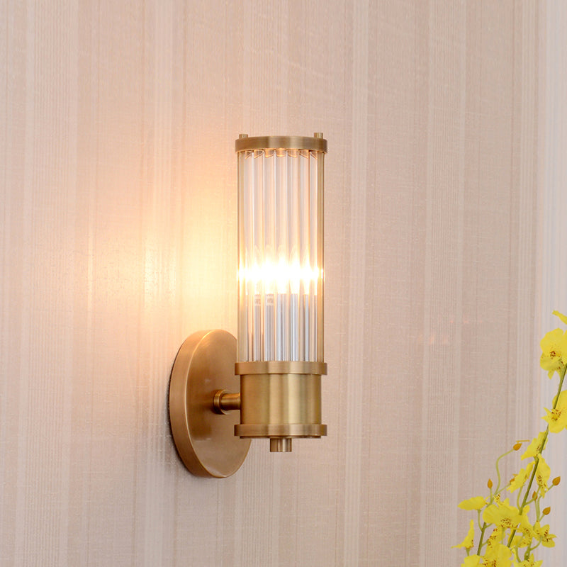 1/2-Light Corridor Wall Light Fixture Modernist Stylish Golden Wall Sconce with Cylindrical Clear Crystal Shade Clearhalo 'Art deco wall lights' 'Cast Iron' 'Glass' 'Industrial wall lights' 'Industrial' 'Middle century wall lights' 'Modern' 'Rustic wall lights' 'Tiffany' 'Traditional wall lights' 'Wall Lamps & Sconces' 'Wall Lights' Lighting' 559871