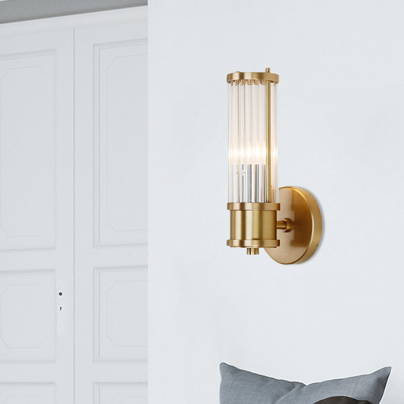 1/2-Light Corridor Wall Light Fixture Modernist Stylish Golden Wall Sconce with Cylindrical Clear Crystal Shade Clearhalo 'Art deco wall lights' 'Cast Iron' 'Glass' 'Industrial wall lights' 'Industrial' 'Middle century wall lights' 'Modern' 'Rustic wall lights' 'Tiffany' 'Traditional wall lights' 'Wall Lamps & Sconces' 'Wall Lights' Lighting' 559872