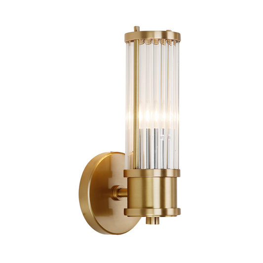 1/2-Light Corridor Wall Light Fixture Modernist Stylish Golden Wall Sconce with Cylindrical Clear Crystal Shade Clearhalo 'Art deco wall lights' 'Cast Iron' 'Glass' 'Industrial wall lights' 'Industrial' 'Middle century wall lights' 'Modern' 'Rustic wall lights' 'Tiffany' 'Traditional wall lights' 'Wall Lamps & Sconces' 'Wall Lights' Lighting' 559873