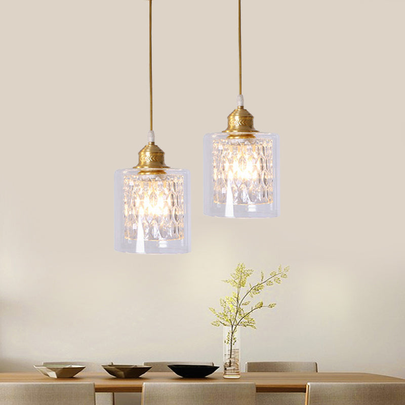 Modern 1 Light Pendant Light with Double Clear Glass Shade Brass Cylinder Hanging Ceiling Light Brass Clearhalo 'Ceiling Lights' 'Modern Pendants' 'Modern' 'Pendant Lights' 'Pendants' Lighting' 559926