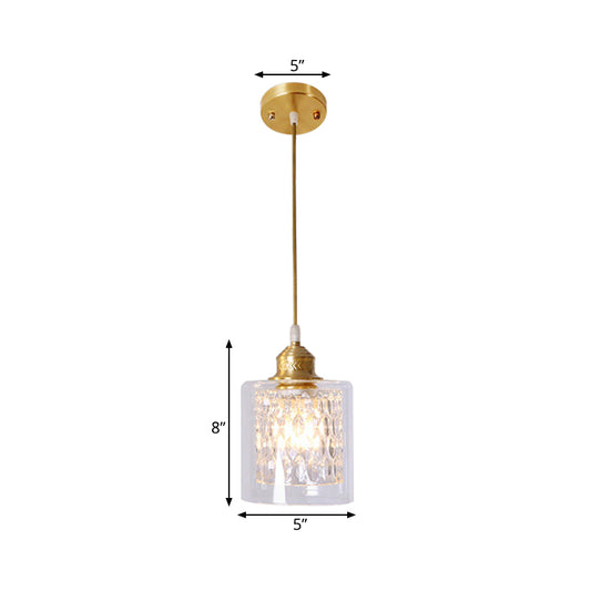 Modern 1 Light Pendant Light with Double Clear Glass Shade Brass Cylinder Hanging Ceiling Light Clearhalo 'Ceiling Lights' 'Modern Pendants' 'Modern' 'Pendant Lights' 'Pendants' Lighting' 559930