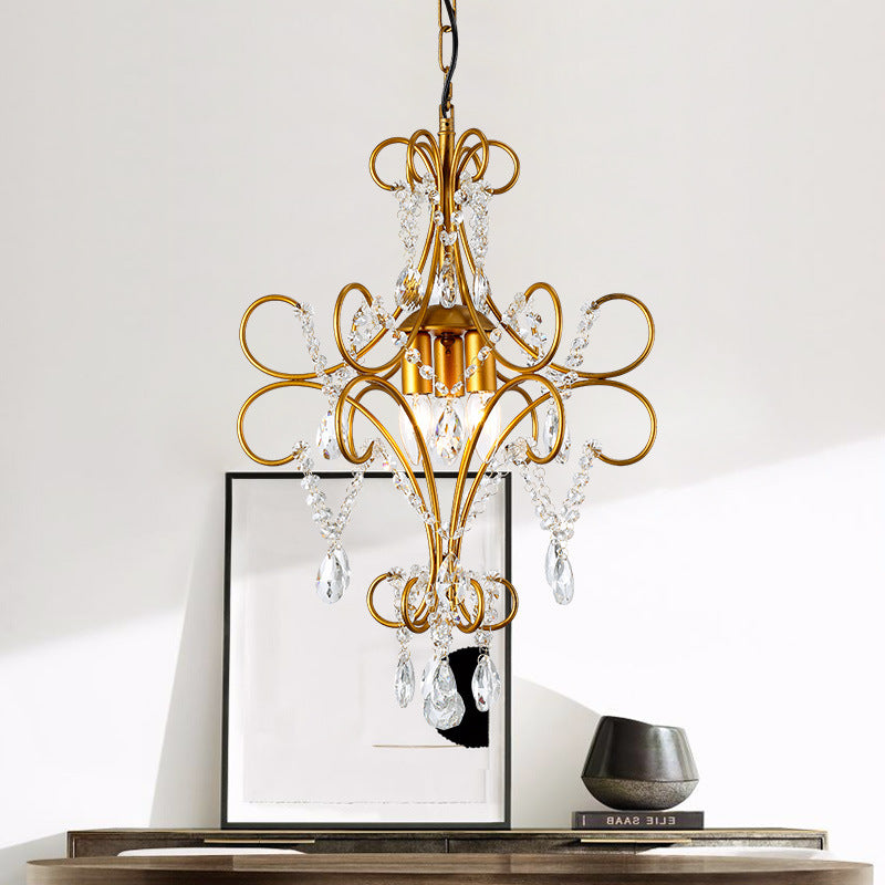 Gold Bent Arm Frame Chandelier Light Modern 3 Lights Iron Hanging Ceiling Light with Glass Strand Clearhalo 'Ceiling Lights' 'Chandeliers' 'Modern Chandeliers' 'Modern' Lighting' 559932