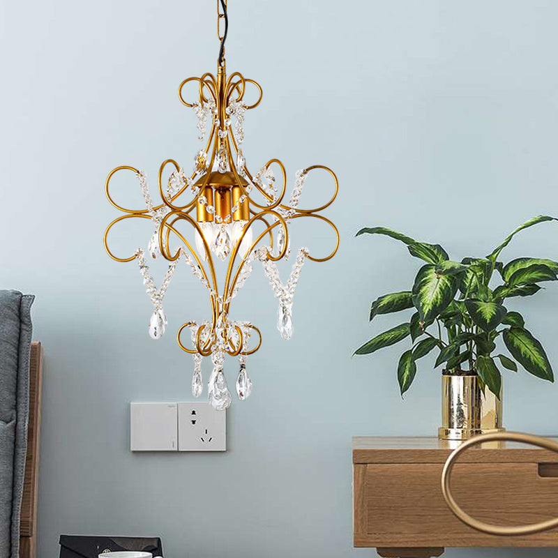 Gold Bent Arm Frame Chandelier Light Modern 3 Lights Iron Hanging Ceiling Light with Glass Strand Clearhalo 'Ceiling Lights' 'Chandeliers' 'Modern Chandeliers' 'Modern' Lighting' 559933