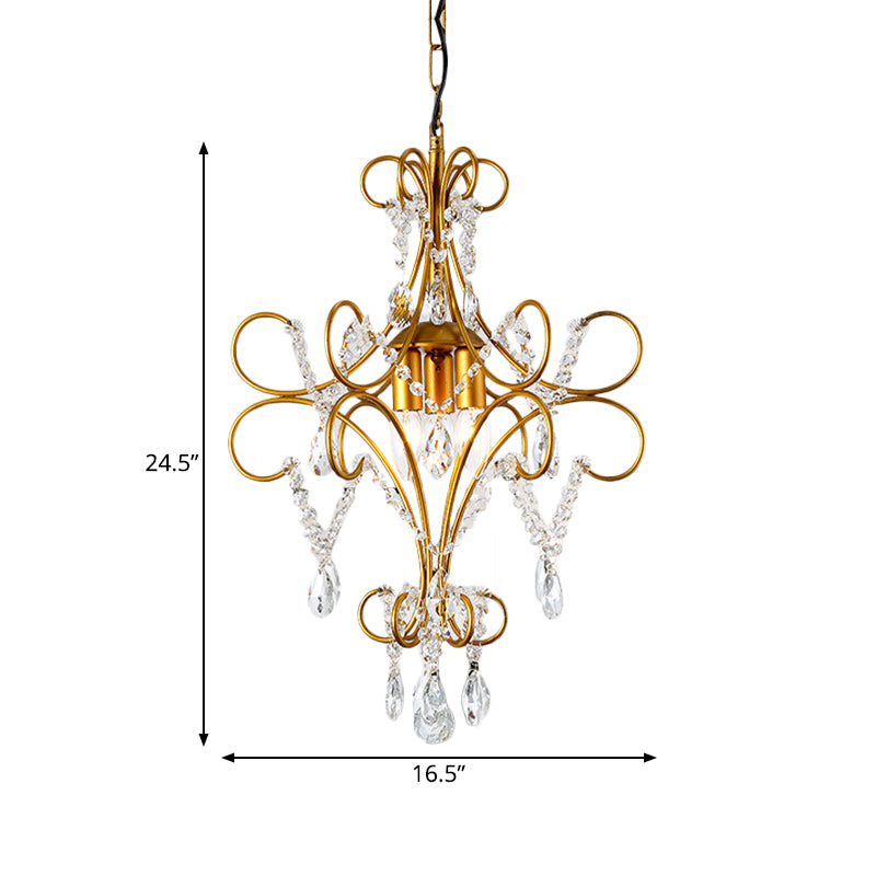 Gold Bent Arm Frame Chandelier Light Modern 3 Lights Iron Hanging Ceiling Light with Glass Strand Clearhalo 'Ceiling Lights' 'Chandeliers' 'Modern Chandeliers' 'Modern' Lighting' 559935