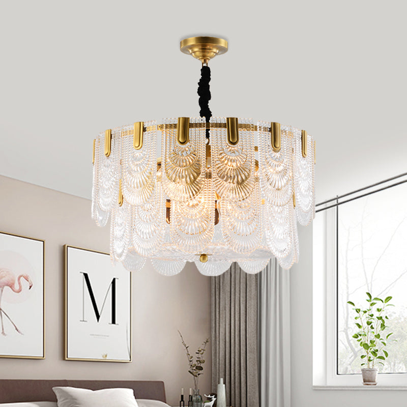 Textured Glass Layered Hanging Ceiling Light Modernism 3/8 Lights Chandelier Light in Brass Clearhalo 'Ceiling Lights' 'Chandeliers' 'Modern Chandeliers' 'Modern' Lighting' 559942