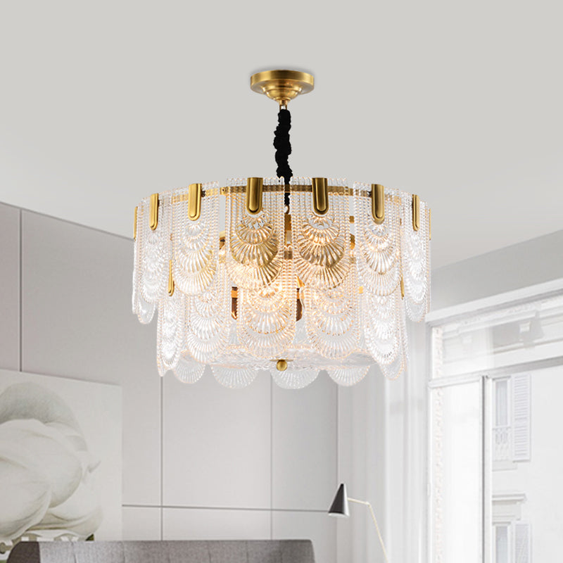 Textured Glass Layered Hanging Ceiling Light Modernism 3/8 Lights Chandelier Light in Brass Clearhalo 'Ceiling Lights' 'Chandeliers' 'Modern Chandeliers' 'Modern' Lighting' 559943