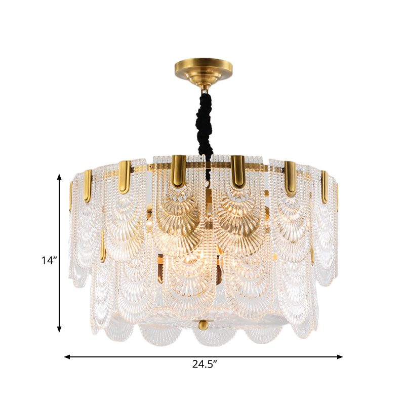 Textured Glass Layered Hanging Ceiling Light Modernism 3/8 Lights Chandelier Light in Brass Clearhalo 'Ceiling Lights' 'Chandeliers' 'Modern Chandeliers' 'Modern' Lighting' 559945