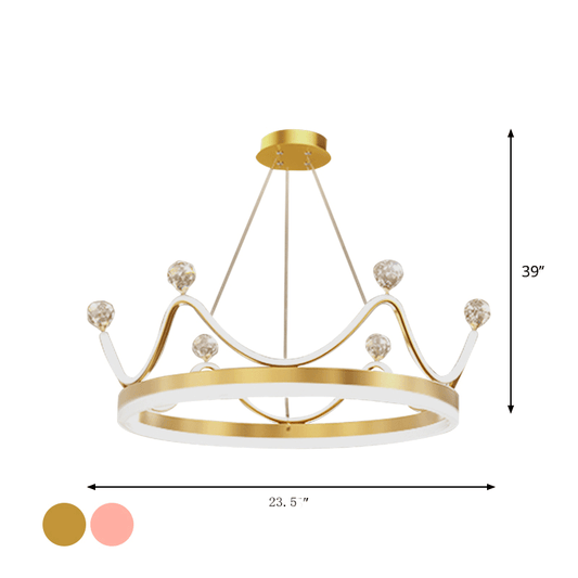 Metallic Crown Hanging Pendant Nordic Style LED Chandelier Lighting with Clear Crystal Bead Decor in Pink/Gold Clearhalo 'Ceiling Lights' 'Chandeliers' Lighting' options 55