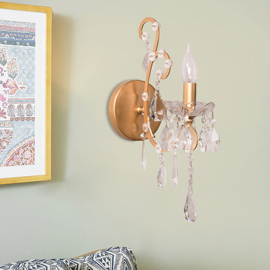 Modern Candelabra Wall Mount Light Metal 1 Light Corridor Sconce Light with Crystal Drop in Silver/Gold Gold Clearhalo 'Modern wall lights' 'Modern' 'Wall Lamps & Sconces' 'Wall Lights' Lighting' 560005