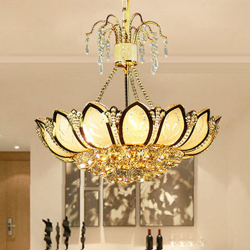Contemporary Lotus Ceiling Light Crystal 6 Lights Dining Room Hanging Light in Gold Clearhalo 'Ceiling Lights' 'Chandeliers' 'Modern Chandeliers' 'Modern' Lighting' 560184