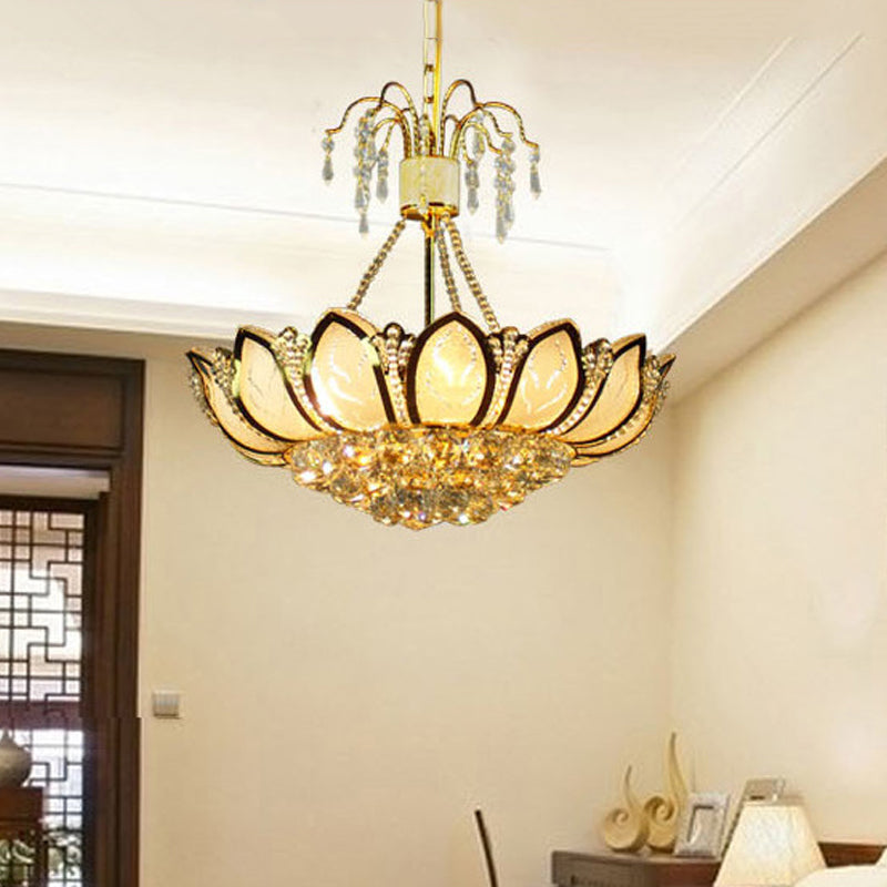 Contemporary Lotus Ceiling Light Crystal 6 Lights Dining Room Hanging Light in Gold Clearhalo 'Ceiling Lights' 'Chandeliers' 'Modern Chandeliers' 'Modern' Lighting' 560185