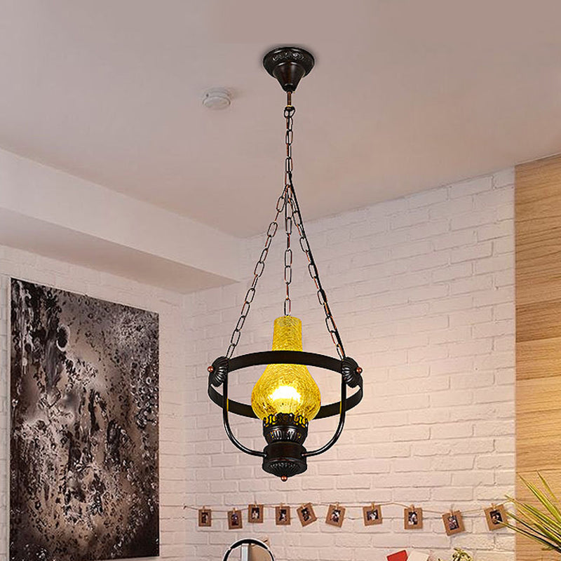 Black 1 Light Pendant Lighting Classic Crackle Glass Vase Shade Hanging Lamp with Metal Ring Black Clearhalo 'Ceiling Lights' 'Glass shade' 'Glass' 'Island Lights' 'Pendant Lights' 'Pendants' Lighting' 560243