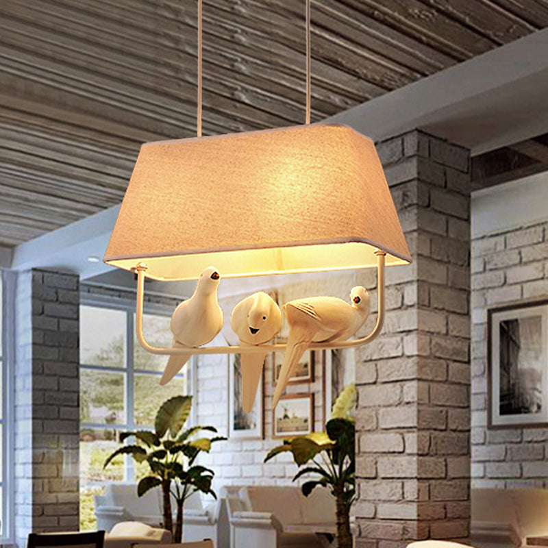 Trapezoid Dining Room Hanging Light Kit Traditional Fabric 1/2/3 Light White Pendant Lighting with Bird 3 White Clearhalo 'Ceiling Lights' 'Pendant Lights' 'Pendants' Lighting' 560248_ef0cd584-37e4-49a8-b227-de4d6256d672