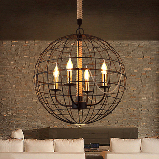 Candle Living Room Pendant Chandelier Traditional Metal 3/4 Lights Black Hanging Fixture with Globe Cage Clearhalo 'Ceiling Lights' 'Chandeliers' Lighting' options 560307