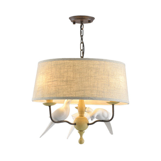 3 Lights Drum Chandelier Light Vintage White Fabric Hanging Ceiling Fixture with Bird Clearhalo 'Ceiling Lights' 'Chandeliers' Lighting' options 560439