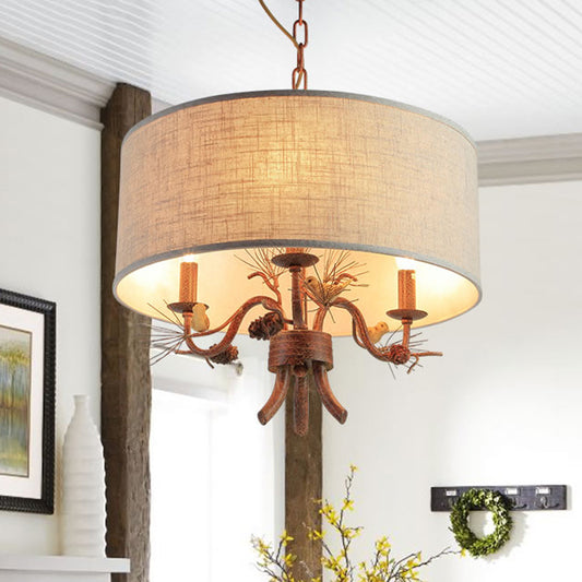 3 Bulbs Ceiling Lamp Drum Shade Fabric Vintage Dining Room Chandelier Pendant Light with Pine Branch Design and Birds Clearhalo 'Ceiling Lights' 'Chandeliers' Lighting' options 560446