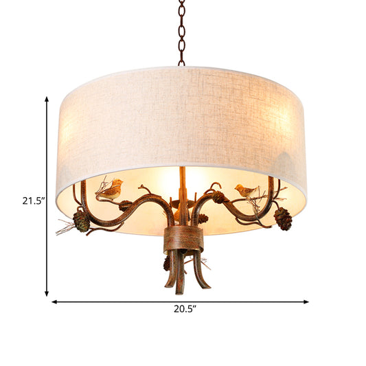 3 Bulbs Ceiling Lamp Drum Shade Fabric Vintage Dining Room Chandelier Pendant Light with Pine Branch Design and Birds Clearhalo 'Ceiling Lights' 'Chandeliers' Lighting' options 560450