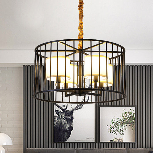 Cylinder Living Room Pendant Chandelier Classic Metal 4 Lights Black Hanging Fixture with Fabric Shade Clearhalo 'Ceiling Lights' 'Chandeliers' Lighting' options 560466