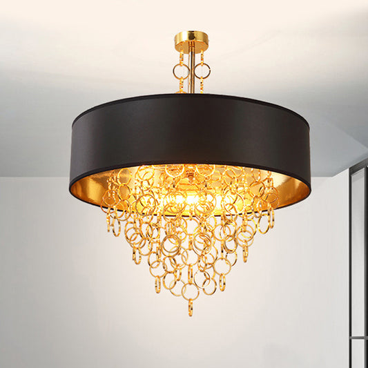 Cylinder Fabric Chandelier Lighting Vintage 3 Lights Living Room Pendant Lighting in Black with Gold Ring, 18"/23.5" Wide Clearhalo 'Ceiling Lights' 'Chandeliers' Lighting' options 560487