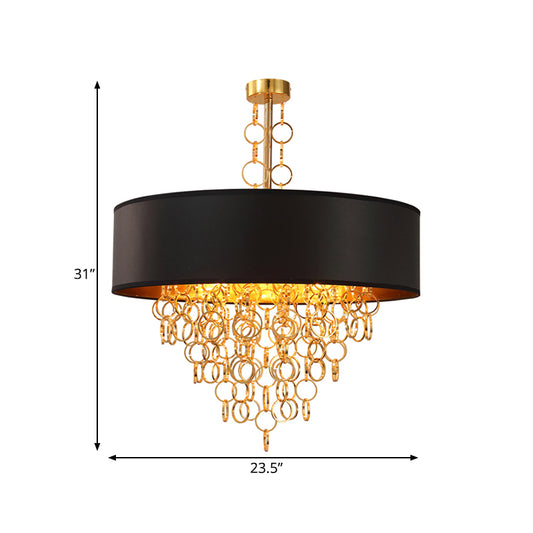 Cylinder Fabric Chandelier Lighting Vintage 3 Lights Living Room Pendant Lighting in Black with Gold Ring, 18"/23.5" Wide Clearhalo 'Ceiling Lights' 'Chandeliers' Lighting' options 560490