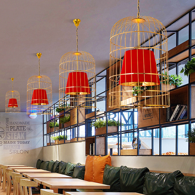 Black/White Bird Cage Ceiling Light Minimalistic Metal 1 Light Dining Room Pendant with Inner Cone Shade, 12"/16"/19.5" Wide Red Clearhalo 'Ceiling Lights' 'Chandeliers' Lighting' options 560498_fd36ba3b-b89e-453a-976c-b5a2d1aa4c3b