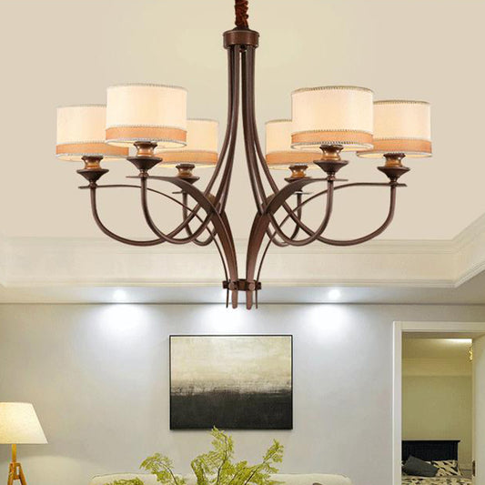 Light Tan 3/6 Lights Pendant Chandelier Classic Fabric Drum Hanging Light for Living Room Clearhalo 'Ceiling Lights' 'Chandeliers' Lighting' options 560591