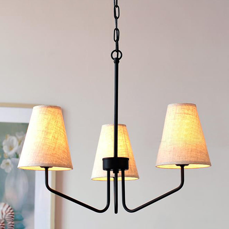 Fabric Conical Hanging Chandelier Traditional 3/5/6 Lights Living Room Pendant Light in Flaxen 3 Flaxen Clearhalo 'Ceiling Lights' 'Chandeliers' Lighting' options 560625_b8a11b4a-c471-4889-99ef-6518daf41578