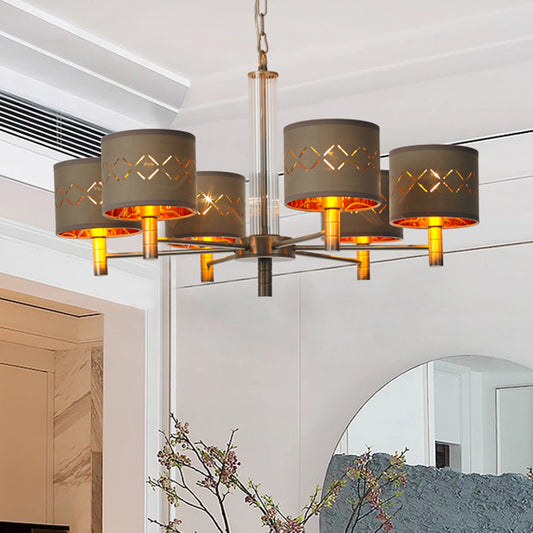 6/8 Bulbs Ceiling Lamp with Drum Fabric Shade Traditional Bedroom Chandelier Pendant Light in Brown Clearhalo 'Ceiling Lights' 'Chandeliers' Lighting' options 560644