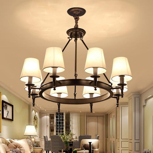 Tapered Living Room Pendant Chandelier Traditional Fabric 3/6/8 Lights Black Hanging Fixture with Wagon Wheel Design Clearhalo 'Ceiling Lights' 'Chandeliers' Lighting' options 560665