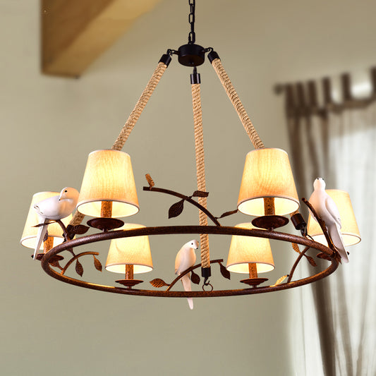 Beige 6 Lights Chandelier Light Fixture Traditional Fabric Wagon Wheel Pendant Lamp with Cone Shade Clearhalo 'Ceiling Lights' 'Chandeliers' Lighting' options 560700