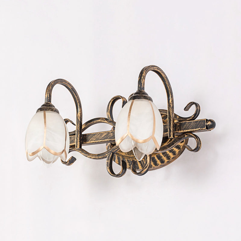 2/3 Lights Frosted Glass Vanity Light Fixture Traditional Antique Brass Flower Shape Bathroom Lighting Fixture Clearhalo 'Vanity Lights' 'Wall Lights' Lighting' 560819