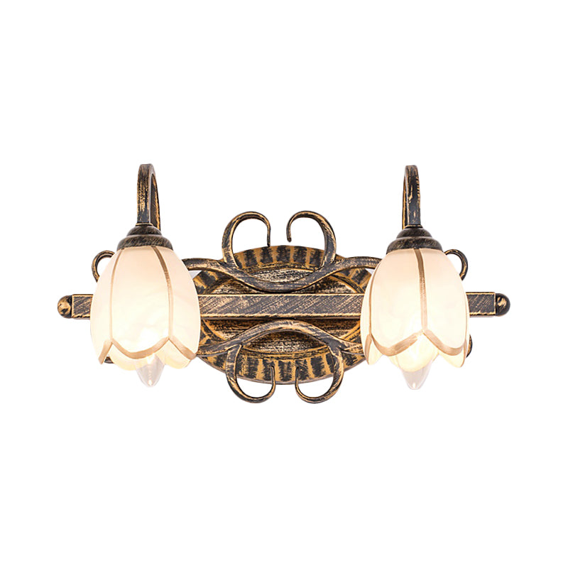 2/3 Lights Frosted Glass Vanity Light Fixture Traditional Antique Brass Flower Shape Bathroom Lighting Fixture Clearhalo 'Vanity Lights' 'Wall Lights' Lighting' 560820