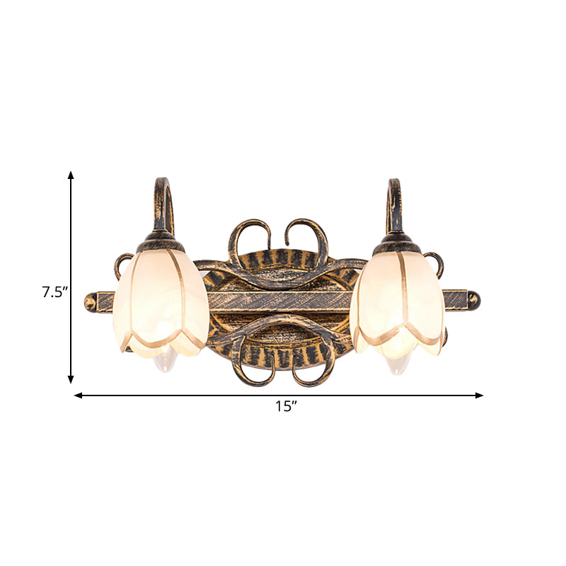 2/3 Lights Frosted Glass Vanity Light Fixture Traditional Antique Brass Flower Shape Bathroom Lighting Fixture Clearhalo 'Vanity Lights' 'Wall Lights' Lighting' 560821