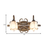 2/3 Lights Frosted Glass Vanity Light Fixture Traditional Antique Brass Flower Shape Bathroom Lighting Fixture Clearhalo 'Vanity Lights' 'Wall Lights' Lighting' 560821