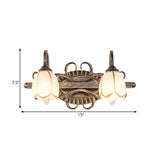 2/3 Lights Frosted Glass Vanity Light Fixture Traditional Antique Brass Flower Shape Bathroom Lighting Fixture Clearhalo 'Vanity Lights' 'Wall Lights' Lighting' 560821