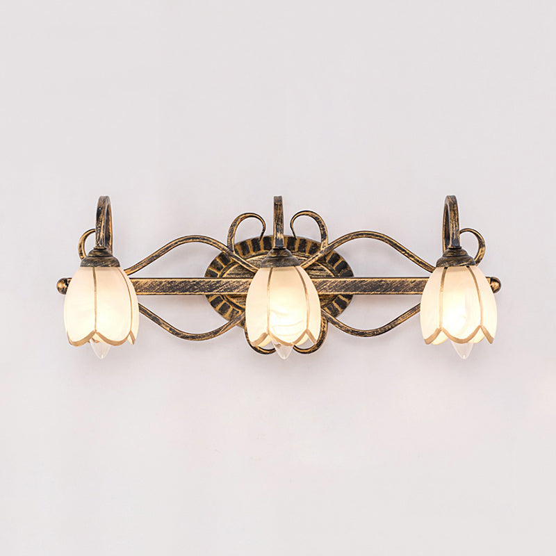 2/3 Lights Frosted Glass Vanity Light Fixture Traditional Antique Brass Flower Shape Bathroom Lighting Fixture Clearhalo 'Vanity Lights' 'Wall Lights' Lighting' 560824