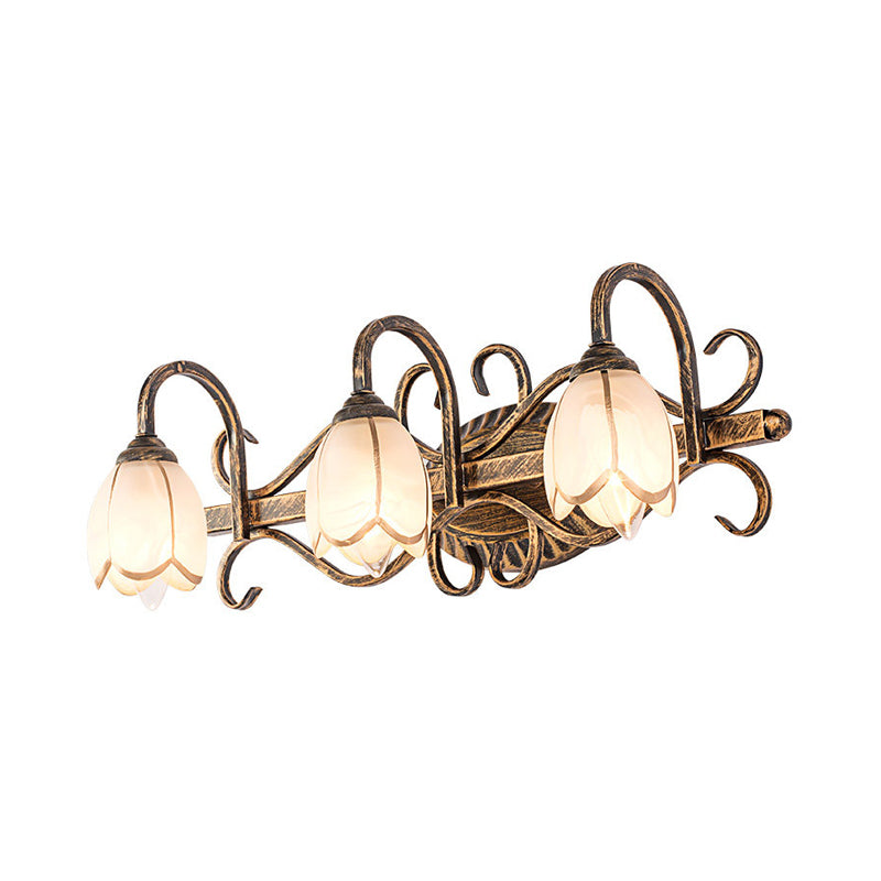 2/3 Lights Frosted Glass Vanity Light Fixture Traditional Antique Brass Flower Shape Bathroom Lighting Fixture Clearhalo 'Vanity Lights' 'Wall Lights' Lighting' 560825