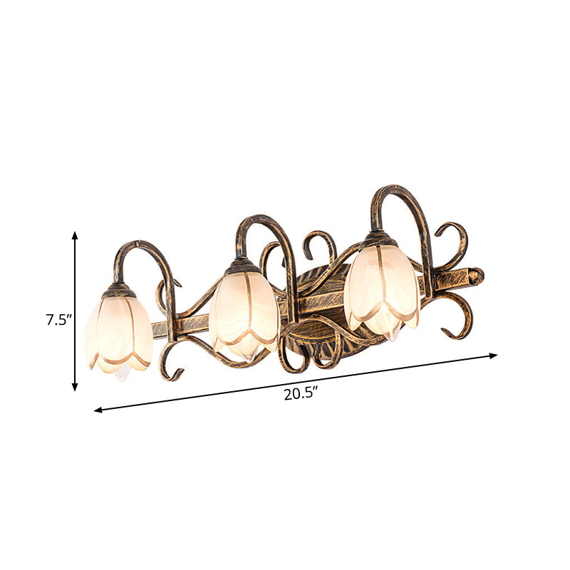 2/3 Lights Frosted Glass Vanity Light Fixture Traditional Antique Brass Flower Shape Bathroom Lighting Fixture Clearhalo 'Vanity Lights' 'Wall Lights' Lighting' 560826