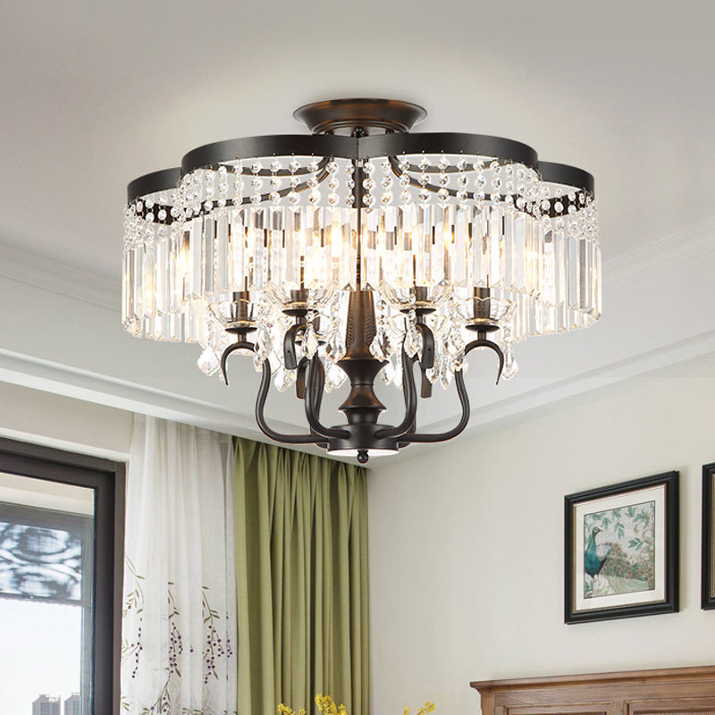 Iron Floral Frame Semi Flush Chandelier Transitional 4/6-Light Ceiling Lamp with Crystal Cascade in Black/Gold Clearhalo 'Ceiling Lights' 'Close To Ceiling Lights' 'Close to ceiling' 'Semi-flushmount' Lighting' 560920