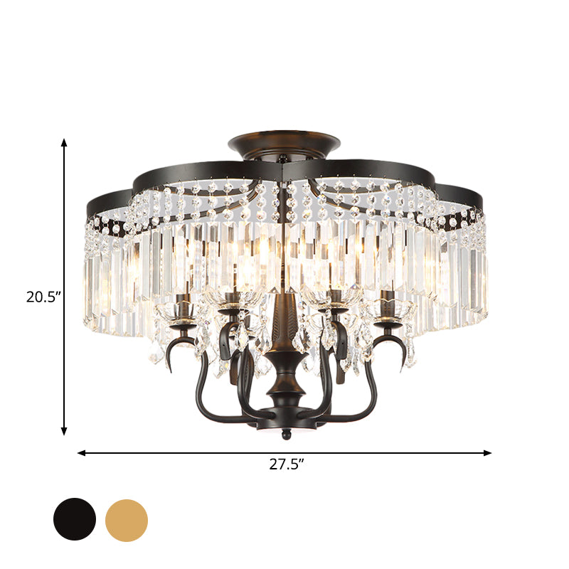 Iron Floral Frame Semi Flush Chandelier Transitional 4/6-Light Ceiling Lamp with Crystal Cascade in Black/Gold Clearhalo 'Ceiling Lights' 'Close To Ceiling Lights' 'Close to ceiling' 'Semi-flushmount' Lighting' 560923