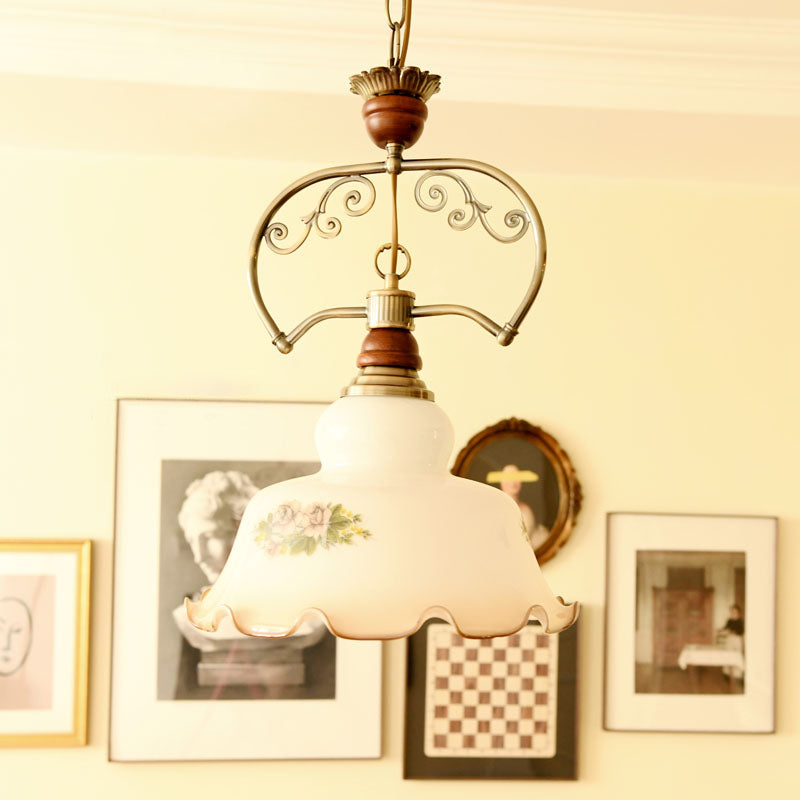 White 1 Light Pendant Light Fixture Traditional Glass Barn Suspension Light with Scalloped Edge Clearhalo 'Ceiling Lights' 'Glass shade' 'Glass' 'Pendant Lights' 'Pendants' Lighting' 560988