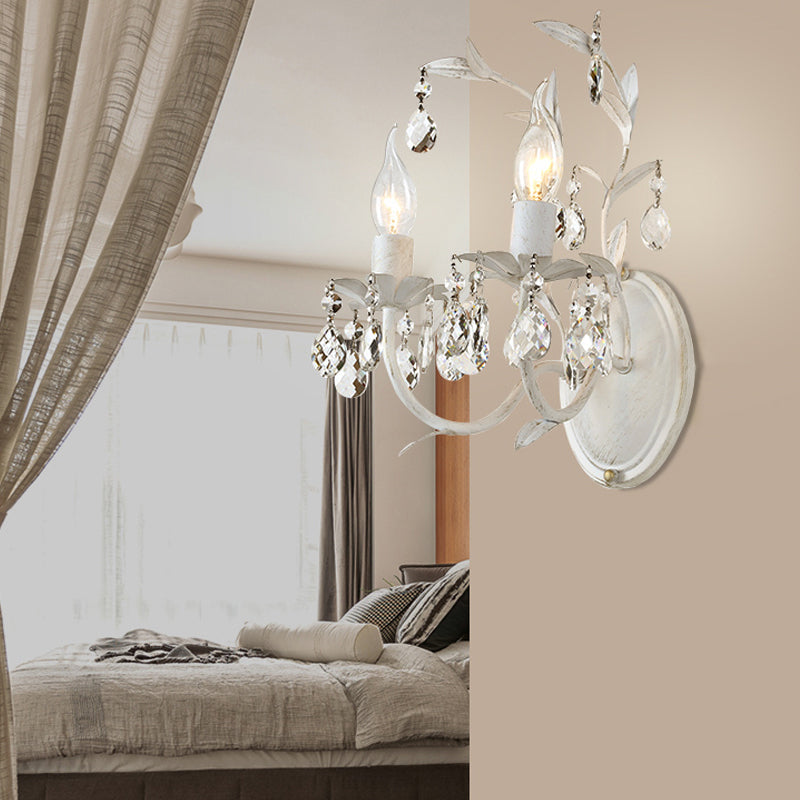 Silver 1/2 Lights Wall Mounted Light Rustic Metal Candelabra Sconce Light with Crystal Drop Clearhalo 'Wall Lamps & Sconces' 'Wall Lights' Lighting' 561040