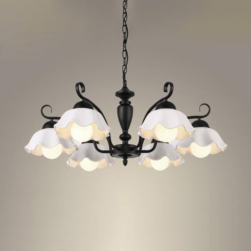 3/6/8 Bulbs Ceiling Lamp with Scalloped Shade Ceramic Traditional Dining Room Chandelier Pendant Light in Black Clearhalo 'Ceiling Lights' 'Chandeliers' Lighting' options 561254