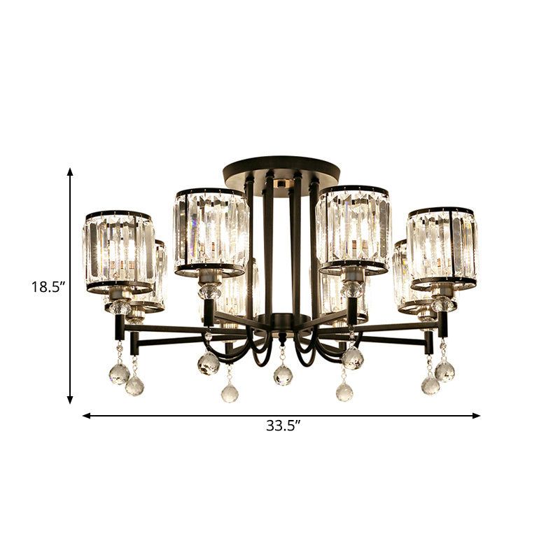 Black Cylinder Semi Flush Ceiling Light Modernist Clear Crystal 3/6/8 Heads Ceiling Lamp for Bedroom - Clearhalo - 'Ceiling Lights' - 'Close To Ceiling Lights' - 'Close to ceiling' - 'Semi-flushmount' - Lighting' - 561735