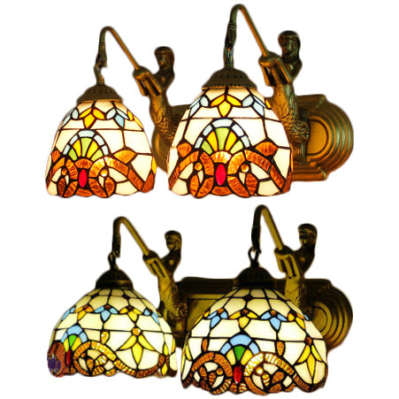 2 Heads Dome Sconce Light Baroque Beige Multicolor Stained Glass Wall Mount Light, 16"/18" Wide Clearhalo 'Industrial' 'Middle century wall lights' 'Tiffany wall lights' 'Tiffany' 'Wall Lamps & Sconces' 'Wall Lights' Lighting' 56750